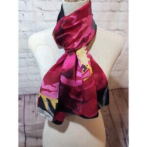 ANNE KLEIN 100% SILK Black Floral Rose Rectangular Scarf 60 X 13 Hand Rolled